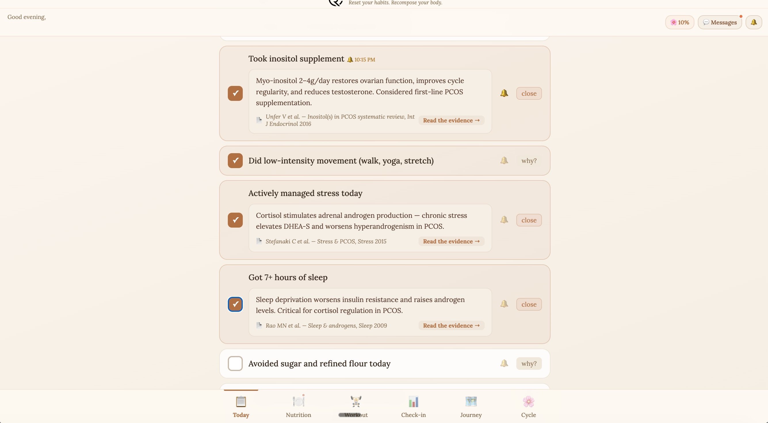 RESET.RECOMPOSE app showing a PCOS client's daily habit checklist with three evidence-backed habits expanded: inositol supplement citing Unfer V et al., stress management citing Stefanaki C et al., and sleep citing Rao MN et al., each with a Read the evidence link