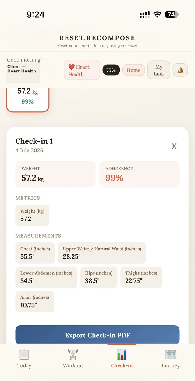 Check-in detail with body measurements