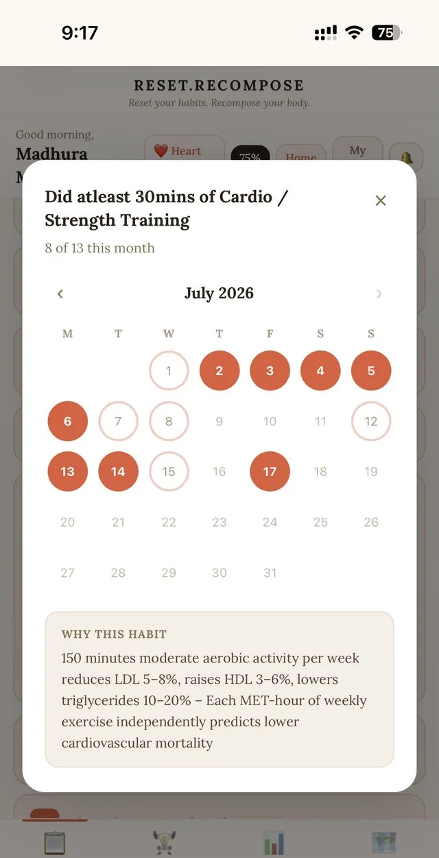 Habit history calendar showing cardio training consistency by date