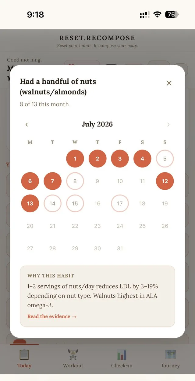 Habit history calendar showing nut consumption by date