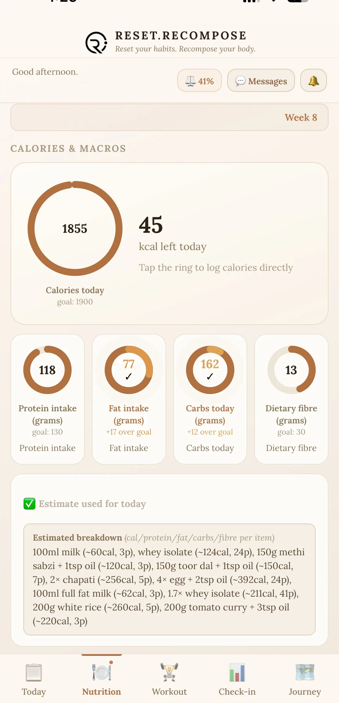 Nutrition tracking showing 1855 calories with macro rings and AI-estimated Indian meal breakdown including methi sabzi, toor dal, and chapati