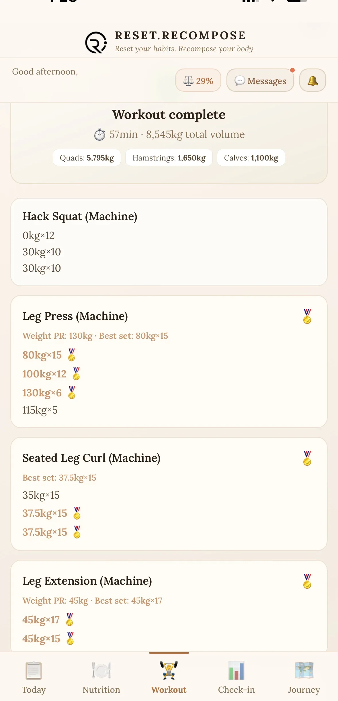 Completed leg day workout showing 8,545kg total volume with PR badges on Leg Press 130kg, Seated Leg Curl, and Leg Extension